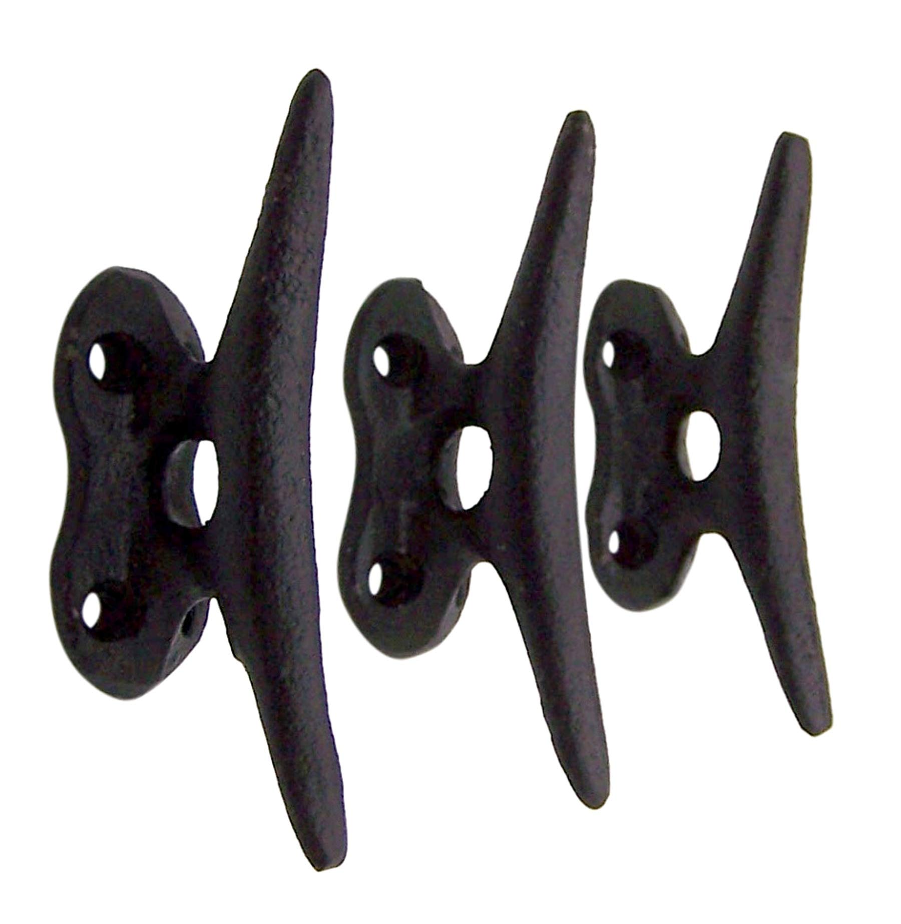 Premium Nautical Black Cast Iron Boat Cleat Wall Hooks - 3.5 Inch Heavy Duty Marine Hooks for Docks, Boats & Home Decor - Set of 3 Rustic Coastal Hooks for Hanging Coats, Towels & Gear