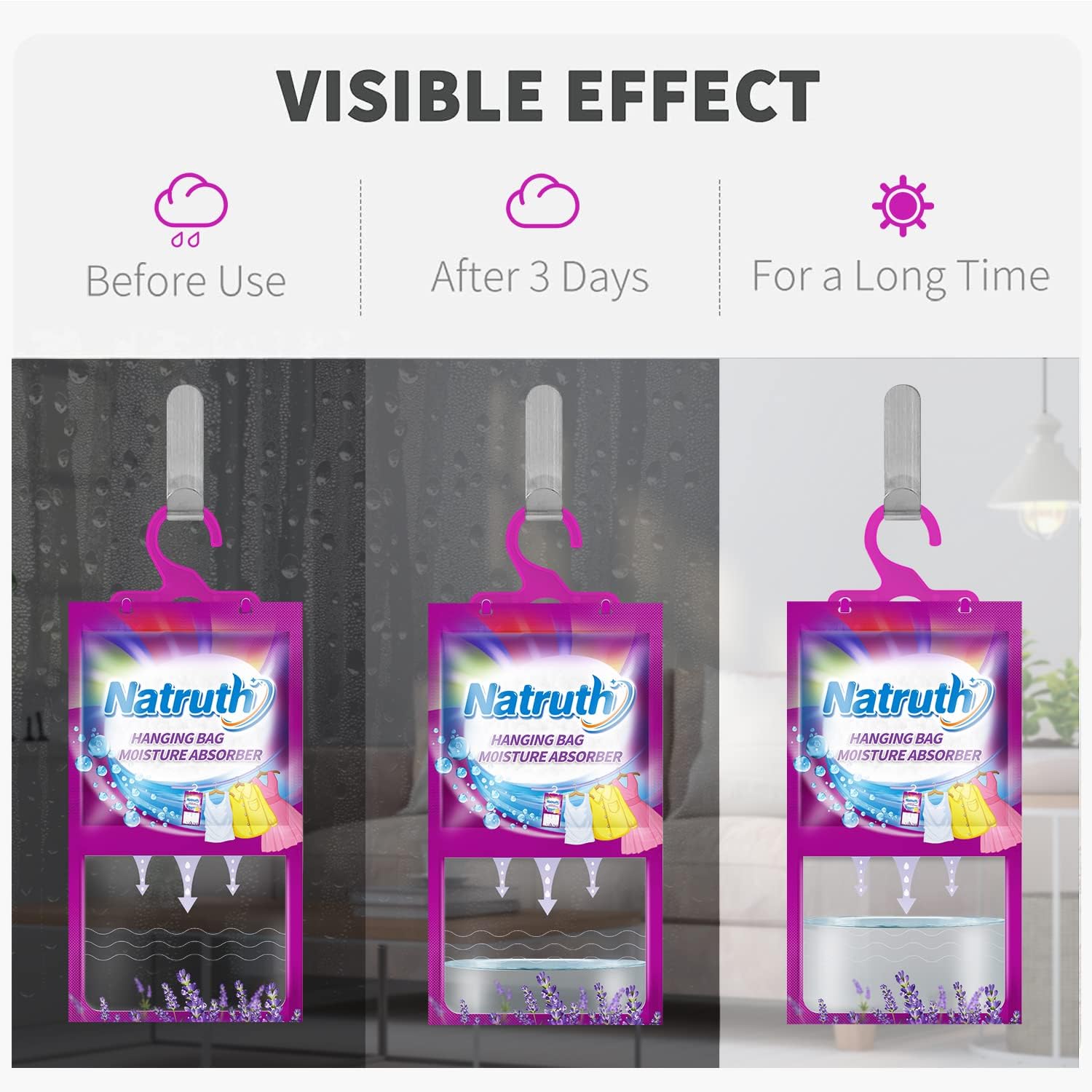NATRUTH 8-Pack Lavender Moisture Absorber Bags - Dehumidifier & Odor Eliminator for Closet, Wardrobe, Kitchen & Bathroom | Hanging Desiccant Bags for Fresh & Dry Spaces | Perfect for Home, RV & Storage Areas
