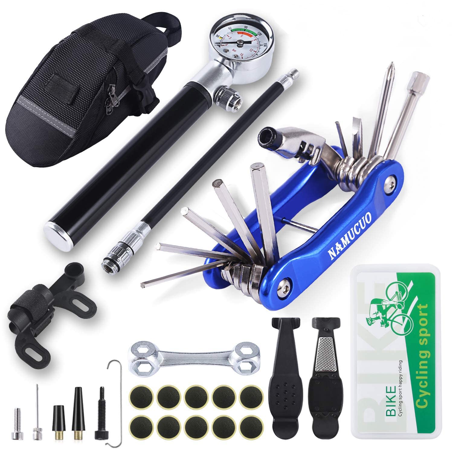 YBEKI Bike Tire Repair Tool Kit - 10-in-1 Bicycle Multi-Tool with 210 PSI Mini Pump, Chain Breaker, Tire Levers, Patch Kit & Bone Wrench | Portable Cycling Accessories for Road & Mountain Bike Maintenance | Includes Storage Bag & 6 Month Warranty