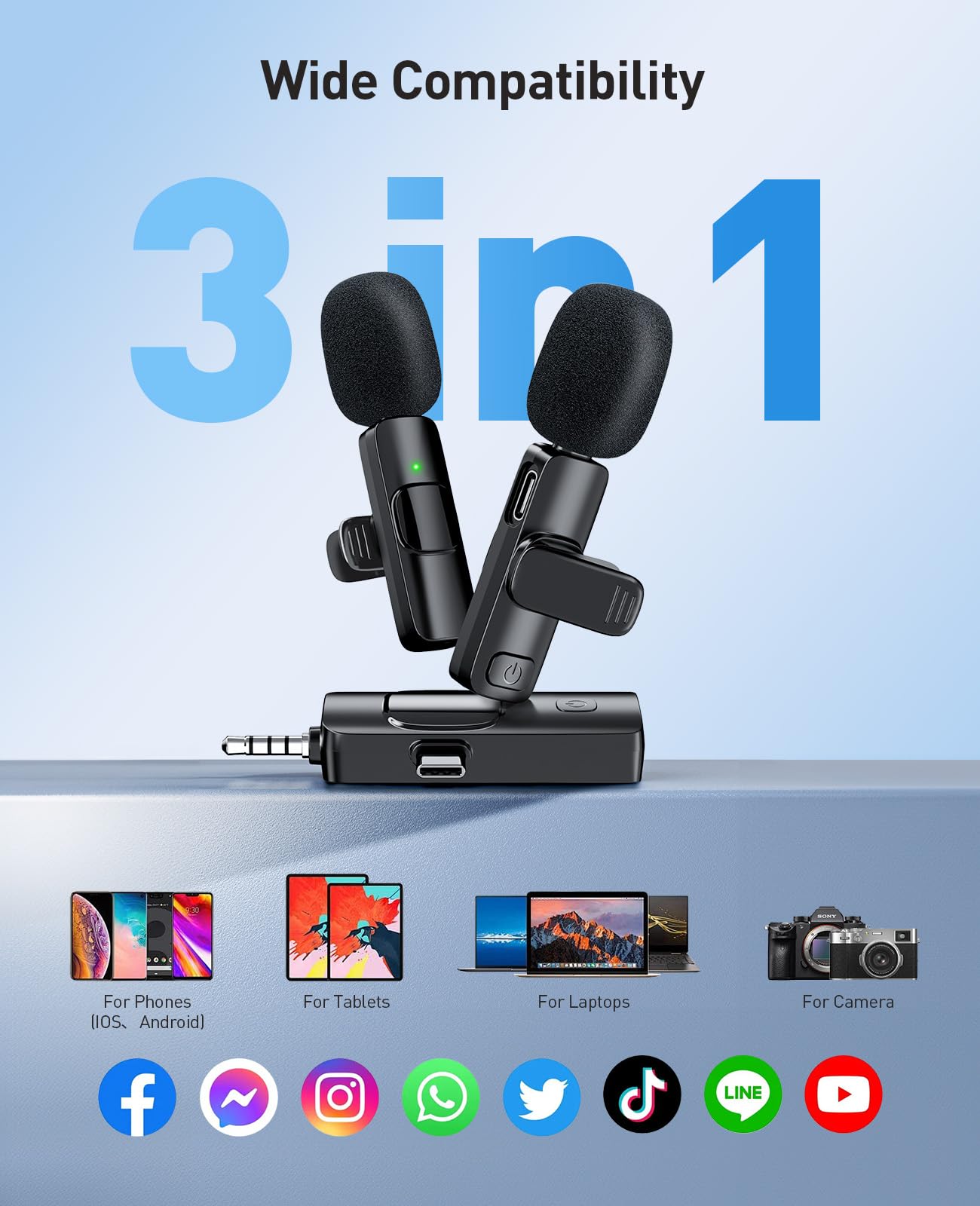 3-in-1 Wireless Lavalier Microphone Kit - Noise Cancelling Clip-on Mic for iPhone, Android, iPad & DSLR Cameras - Perfect for YouTube Vlogging, Podcasting, Interviews & Live Streaming (Includes USB-C/Lighting Adapters) - Ideal for Content Creators, Journalists & Remote Workers