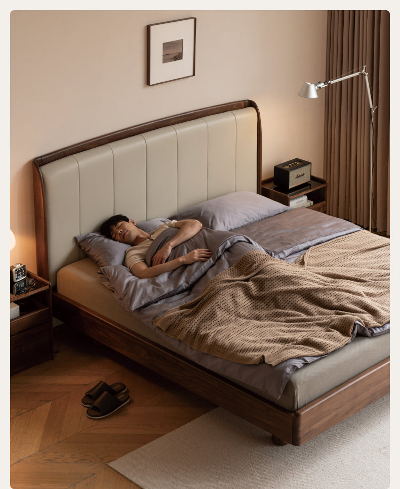 Premium Black Walnut & Ash Solid Wood Leather Upholstered Bed Frame - High Soft Back Support for Master Bedroom, Guest Room & Luxury Home Decor