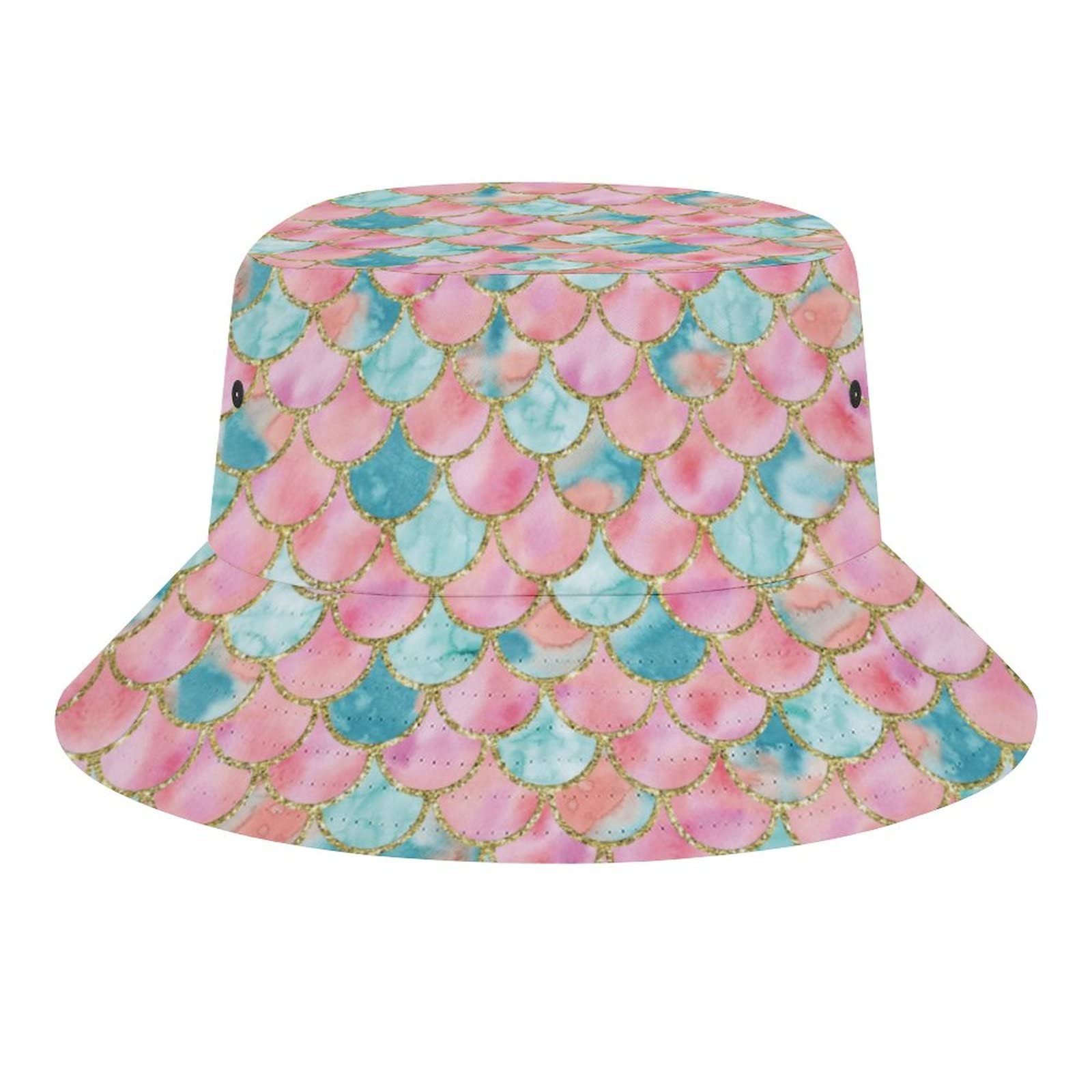 Watercolor Mermaid Scales Glitter Bucket Hat - UV Protection Unisex Summer Beach Hat for Women & Men - Perfect for Outdoor Travel, Fishing, and Festival Fashion