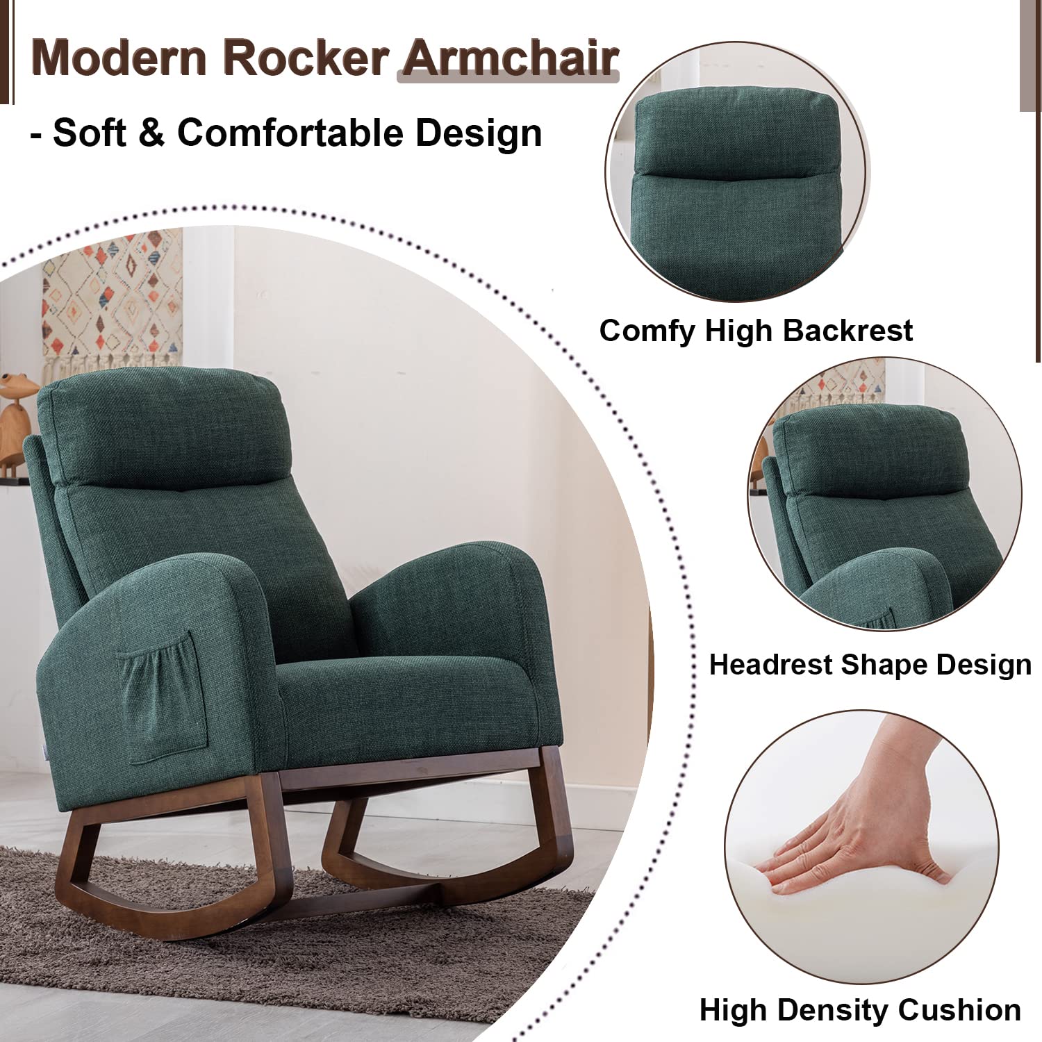 Antetek Modern Upholstered Rocking Chair - Nursery Glider Rocker with Side Pocket, High Back Headrest Design - Comfortable Armchair for Living Room, Bedroom & Nursery (Green) - Perfect for Breastfeeding, Reading & Relaxing
