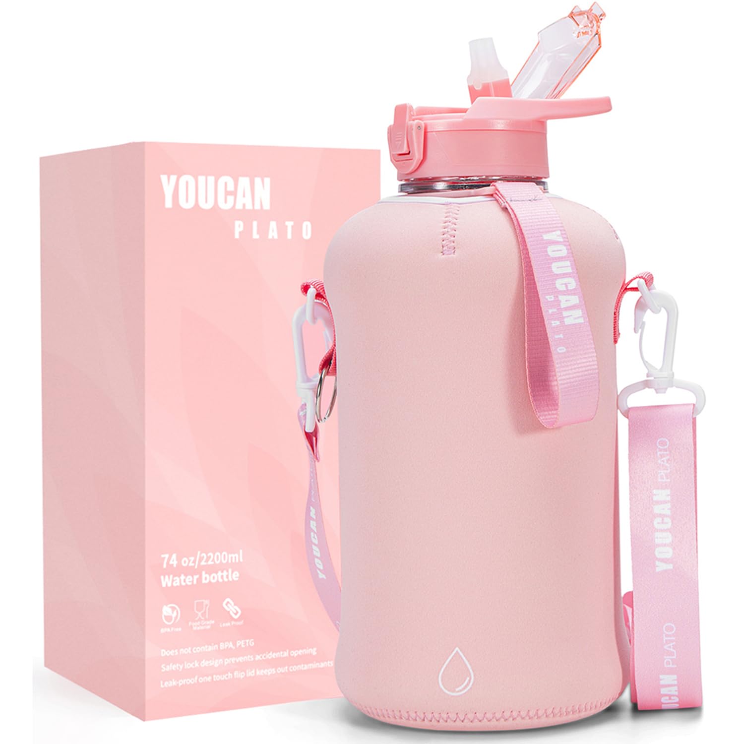 Pink Gym Water Bottle for Women - 64oz Half Gallon Large Water Bottle with Insulated Sleeve & Strap - Cute Workout Accessories Essentials - Perfect for Yoga, Running, Fitness & Gym Training