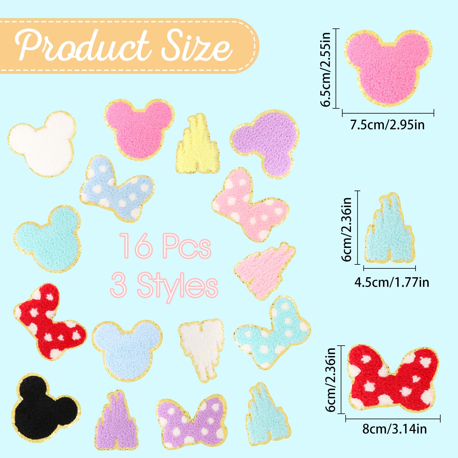 16 PCS Chenille Mouse Head Iron-On Patches - Colorful Embroidered Appliques for DIY Clothing, Hats, Jackets & Backpacks | Perfect for Kids' Crafts, Costume Design & Fashion Upcycling