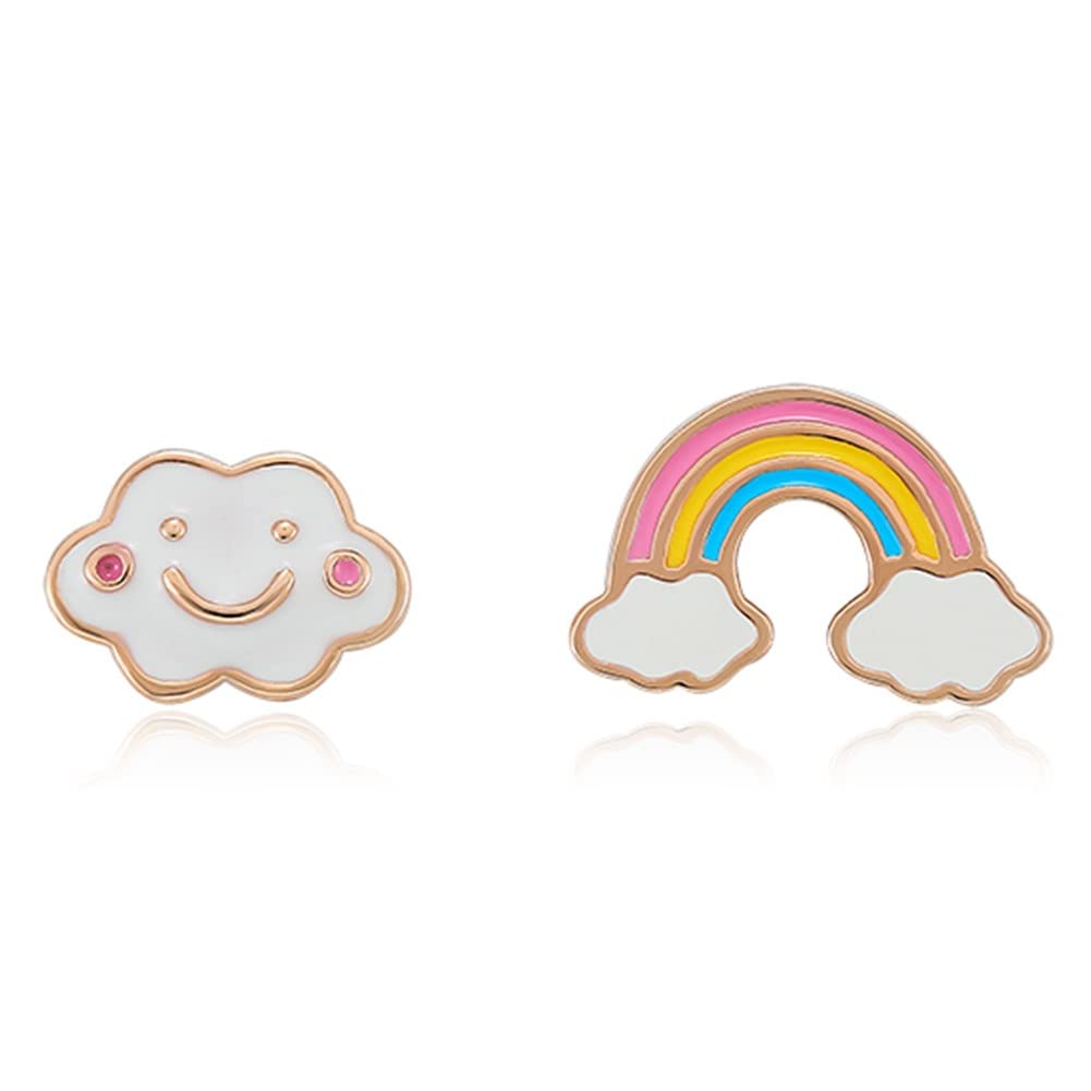 S925 Sterling Silver Enamel Mismatched Tiny Clouds Smile Face Rainbow Stud Earrings for Women & Girls | Cute Cartoon Jewelry Gift for Teens, Best Friends, Birthday & Everyday Wear LSE239