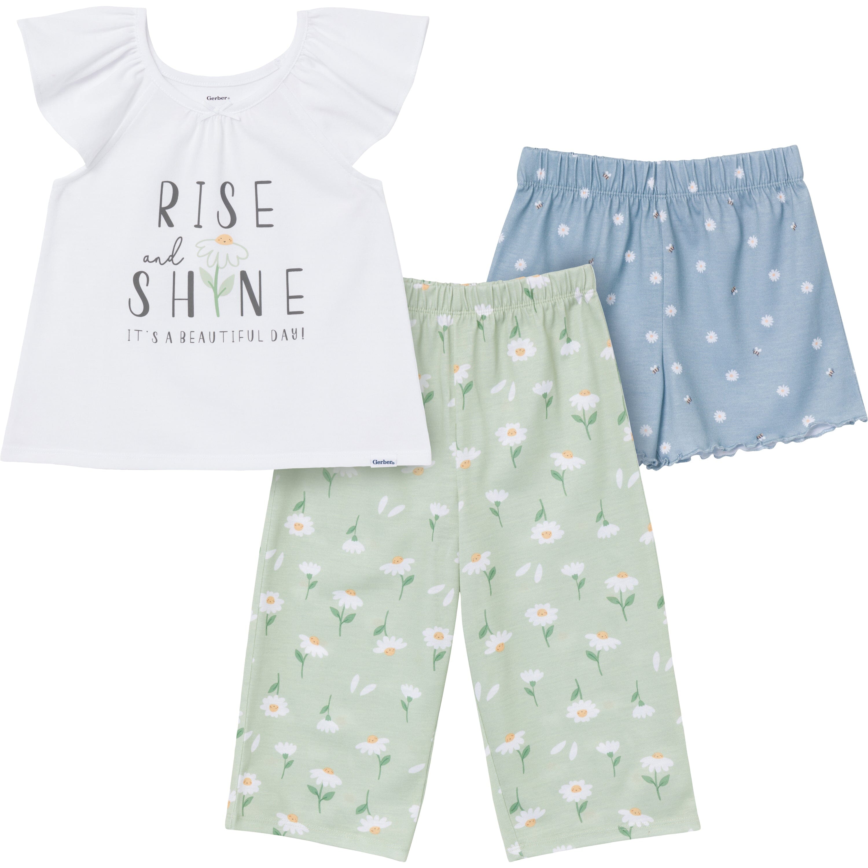 3-Piece Toddler Girls' Daisy Print Pajama Set - Short Sleeve T-Shirt, Shorts & Pants - Soft Cotton Sleepwear for Playtime & Bedtime