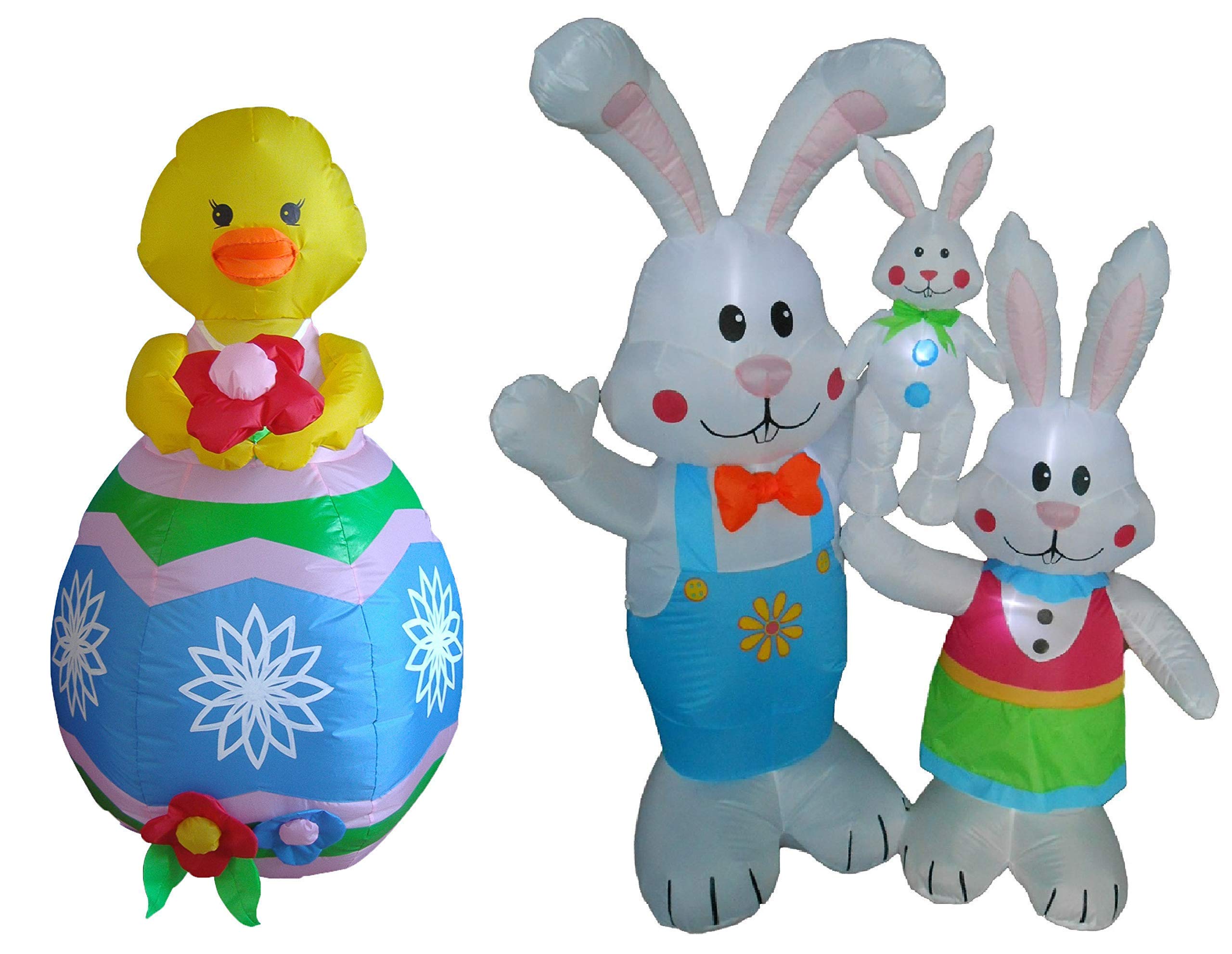 Easter Party Decorations Set - 4ft Inflatable Chick with Flower & Egg + 5ft Inflatable Bunny Family - Outdoor Indoor Easter Decor for Yard, Garden, Home, School Events & Spring Celebrations