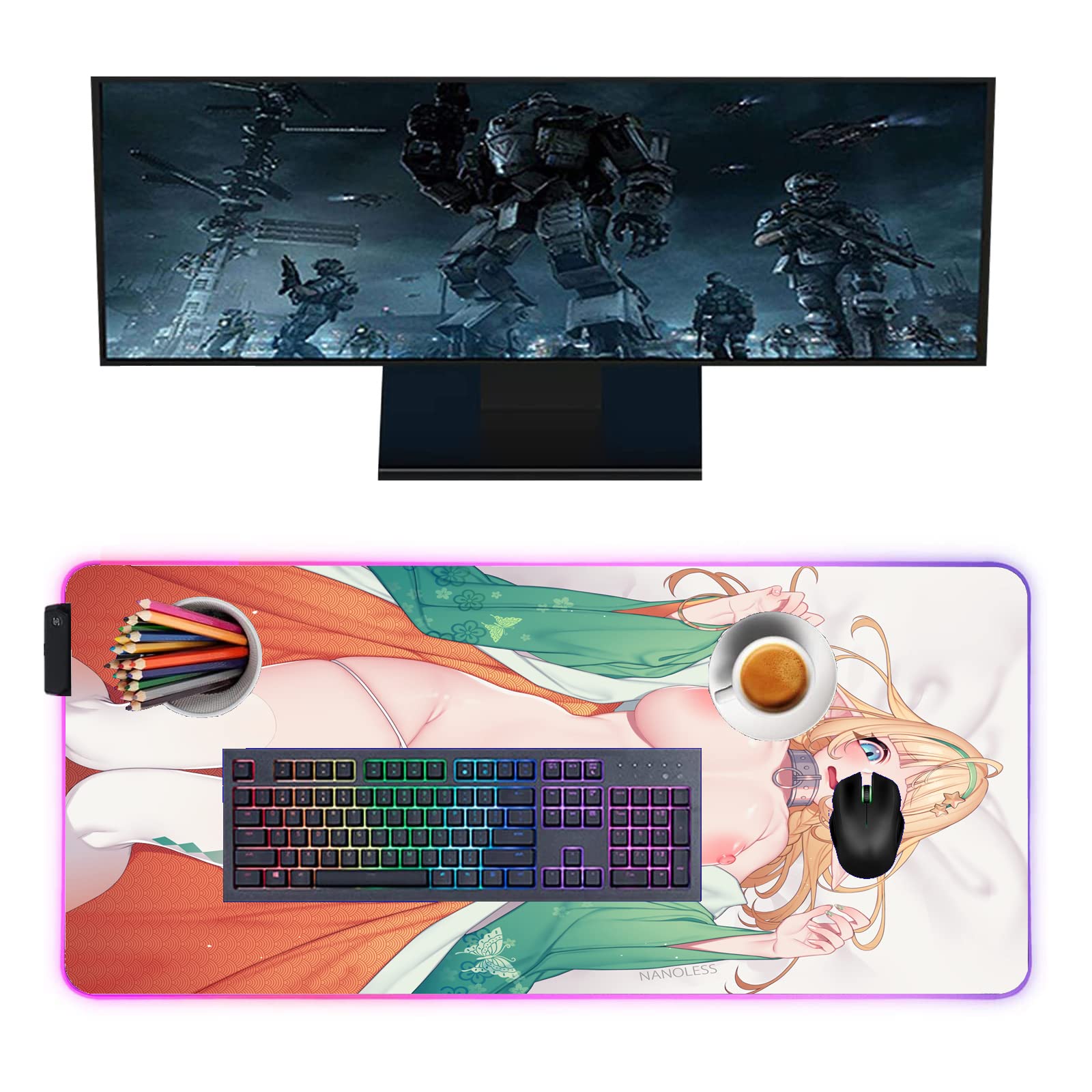 Anime Girl RGB Gaming Mouse Pad XXL Large - LED Backlit Lighting Desk Mat for Computer & Keyboard - 35.43
