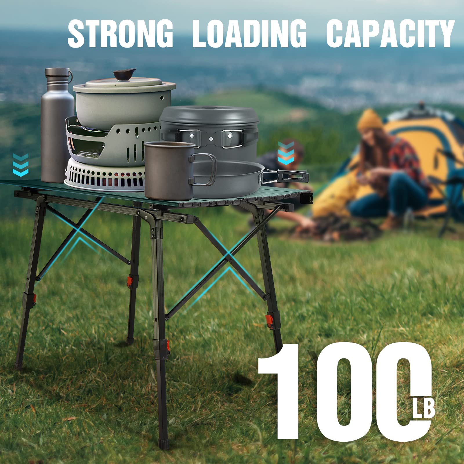 VILLEY Adjustable Height Portable Camping Table - Lightweight Aluminum Folding Table with Carrying Bag for Outdoor Cooking, Picnic, Beach, Backyard, BBQ & Party - Perfect for Camping Trips, Tailgating and Beach Outings