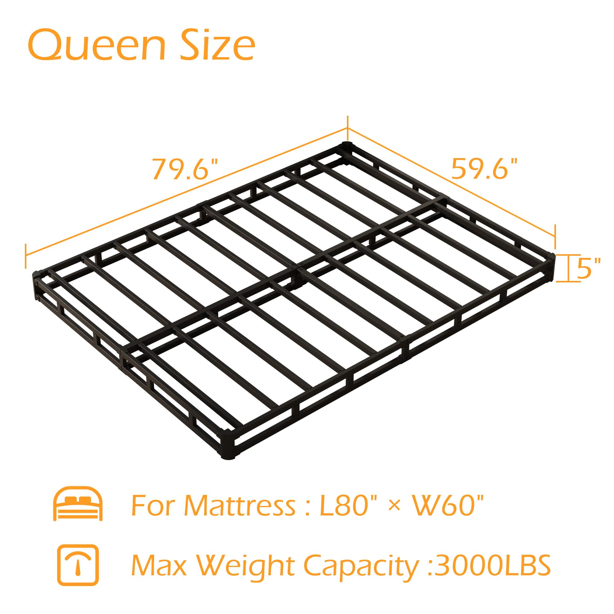 5 Inch Low Profile Queen Box Spring - Heavy Duty Metal Bed Base with Fabric Cover, Noise Free Mattress Foundation - Easy Assembly, Black - Perfect for Small Spaces & Platform Beds