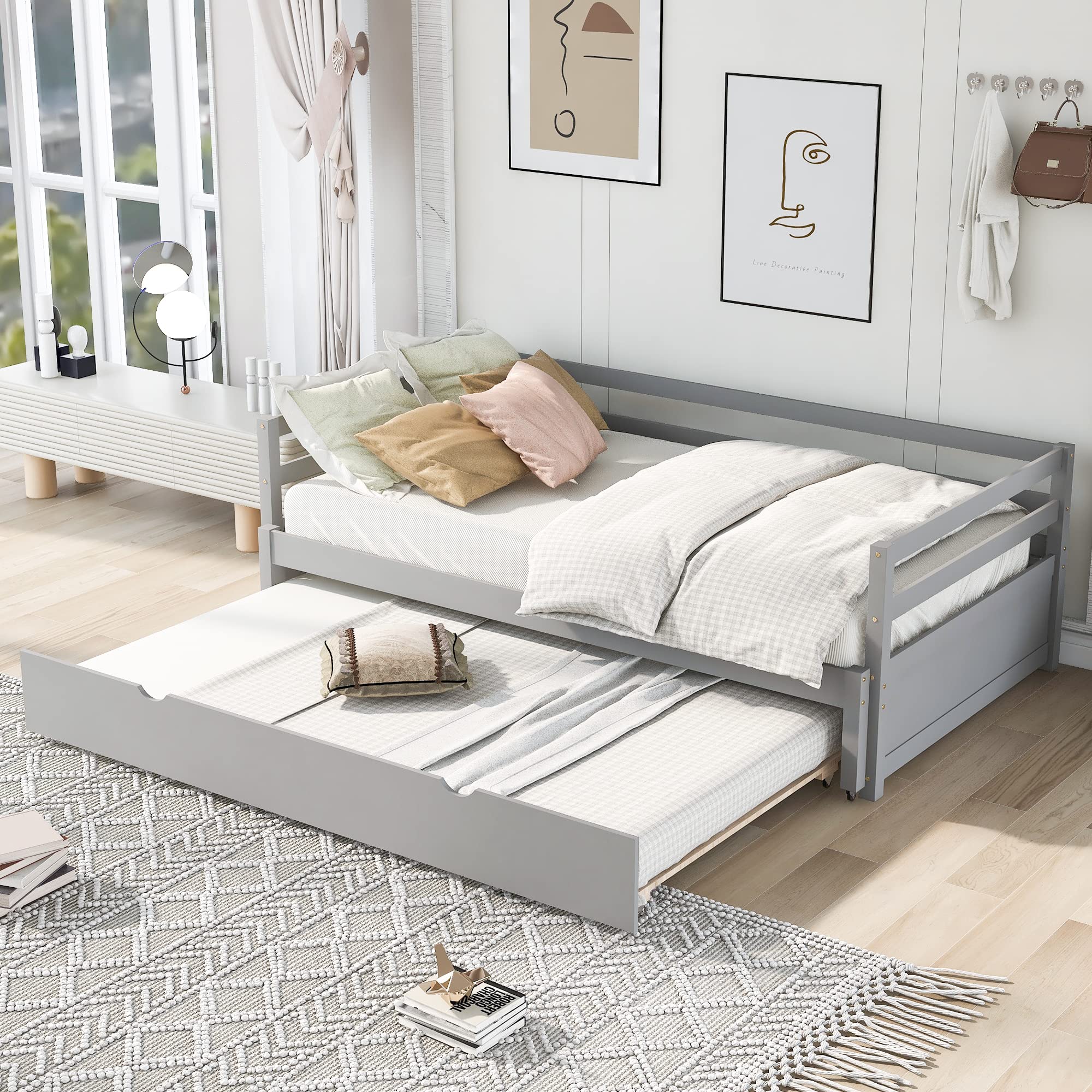 Solid Wood Twin Daybed with Trundle - Extendable Sofa Bed Frame for Guest Room, Small Space & Dorm (Gray) - Perfect for Sleepovers, Home Office & Studio Apartments