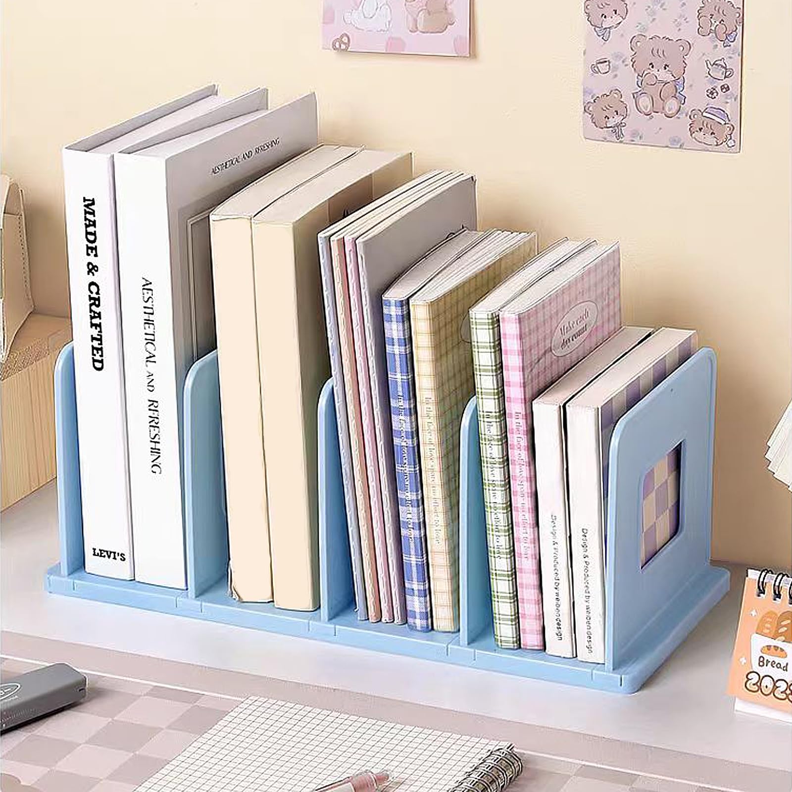 SAYEEC Vertical Desktop File Organizer - 4-Section Adjustable Plastic Book Holder, Shelf Dividers for Desk, Closet, Purse & Handbag Storage - Perfect for Mail, Binder, Magazine & Bookshelf Organization (Blue) - Ideal for Home Office, Dorm Room & Workspace Storage Solutions
