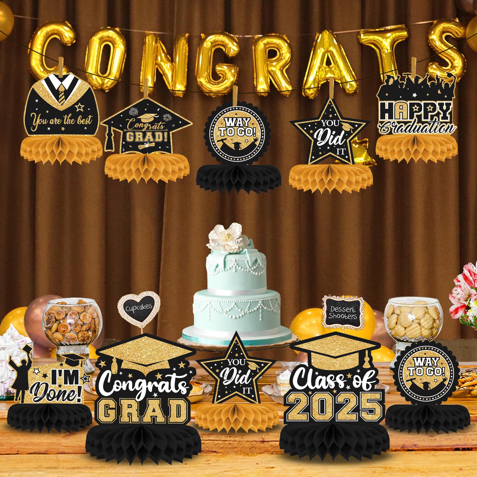 8-Piece Class of 2025 Graduation Table Decor Set - Black & Gold Honeycomb Centerpieces for Grad Party, Congrats Grad Table Toppers - Perfect for High School & College Graduation Ceremonies, Photo Backdrops & Celebration Decorations