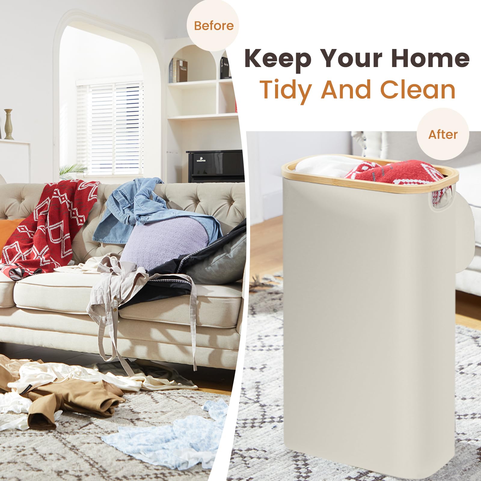 65L Slim Laundry Hamper with Lid & Removable Bag - Collapsible Dirty Clothes Basket with Bamboo Handles - Space Saving Narrow Hamper for Small Spaces - Perfect for Bedroom, Bathroom, Laundry Room & Dorm Organization