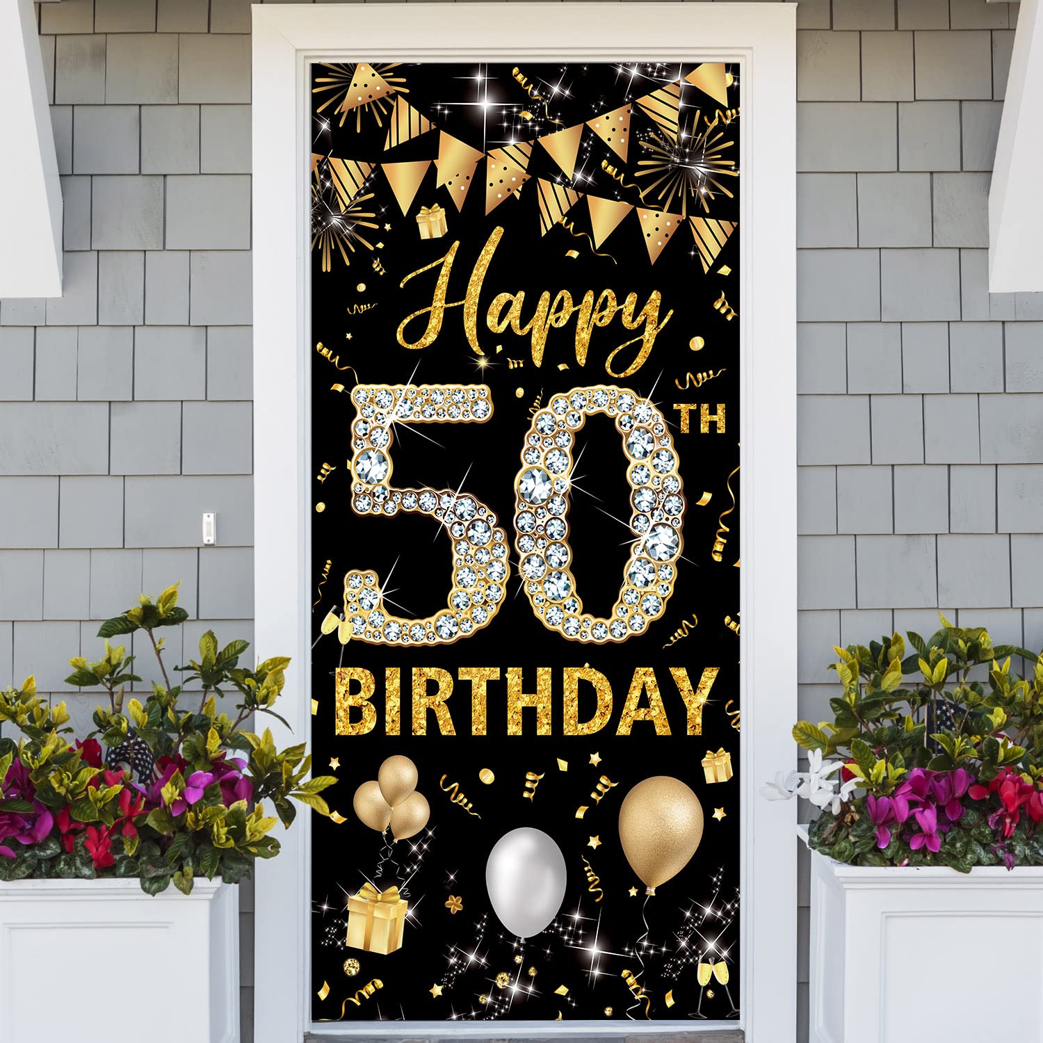 Happy 50th Birthday Banner - Black & Gold Fabric Door Decor (6.1ft x 3ft) for Women & Men | 50th Birthday Party Decorations, Photo Backdrop & Sign | Perfect for Milestone Celebrations, Anniversaries & Surprise Parties