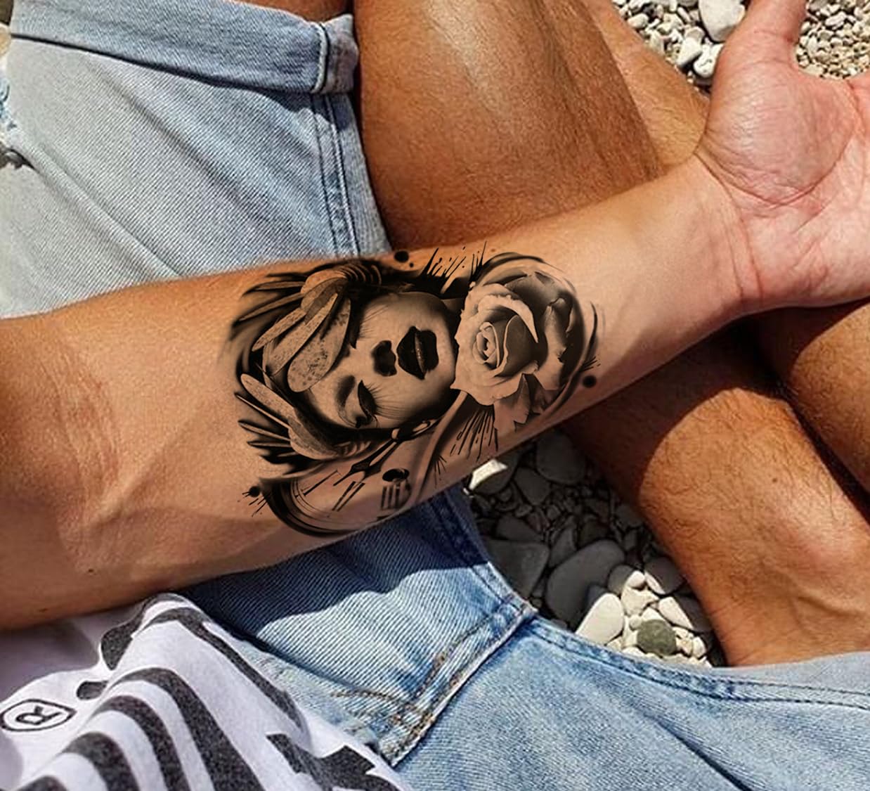 Waterproof Temporary Tattoo Stickers for Men & Women - 3D Realistic Flowers, Butterflies, Stars, Angels, Wolves & Armband Designs (21x15cm) | Perfect for Parties, Festivals, Cosplay & Body Art | TH-289