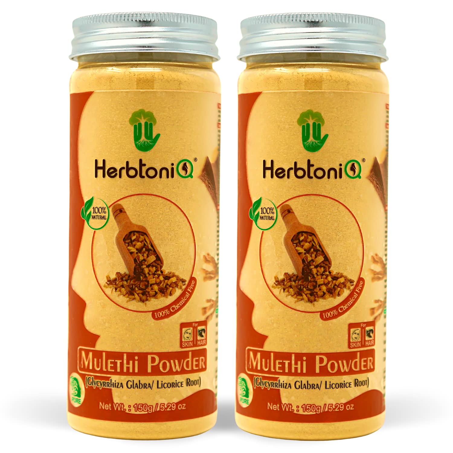 HerbtoniQ 100% Natural Mulethi Powder (Glycyrrhiza Glabra/Licorice Root) for Glowing Skin & Healthy Hair - Face Mask & Hair Treatment (Pack of 2) | DIY Beauty, Ayurvedic Skincare, Natural Hair Growth Solution