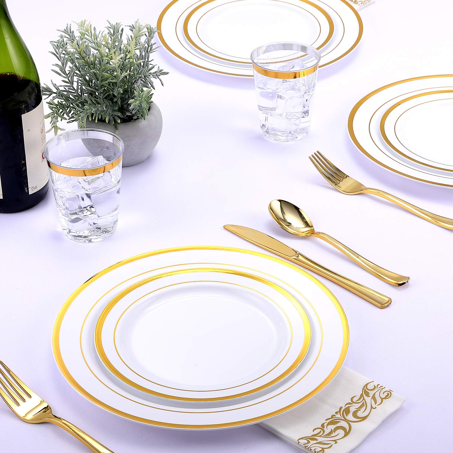Premium 175-Piece Gold Trimmed Disposable Dinnerware Set for 25 Guests - Elegant White Plastic Plates with Gold Rim, Includes 25 Dinner Plates, 25 Dessert Plates, 25 Silverware Sets, 25 Cups & 25 Napkins - Perfect for Weddings, Parties, Catering & Special Events