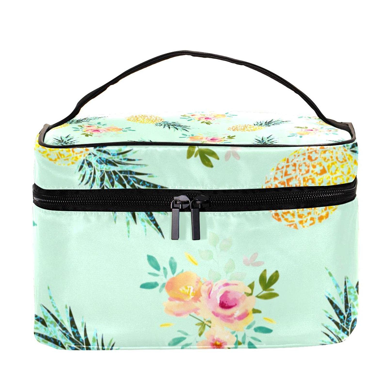 Stylish Watercolor Flowers & Pineapple Green Pattern Travel Makeup Bag - Large Cosmetic Organizer with Zipper for Women & Girls | Perfect for Vacation, Gym & Daily Essentials Storage