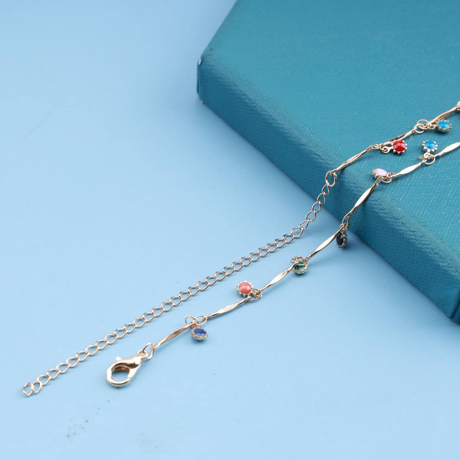 Boho Rainbow Crystal Choker Necklace for Women - Colorful CZ Gem Dangle Pendant with Beaded Chain - Perfect for Beach, Festival, and Boho Fashion Accessories