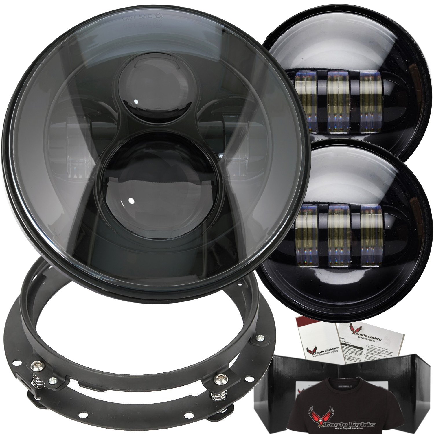 7 Inch Round Black LED Headlight for Harley Motorcycles - Eagle Lights with Matching Black Spot Lights & Adapter Ring - Free T-Shirt Included - Perfect for Night Riding & Custom Bike Upgrades