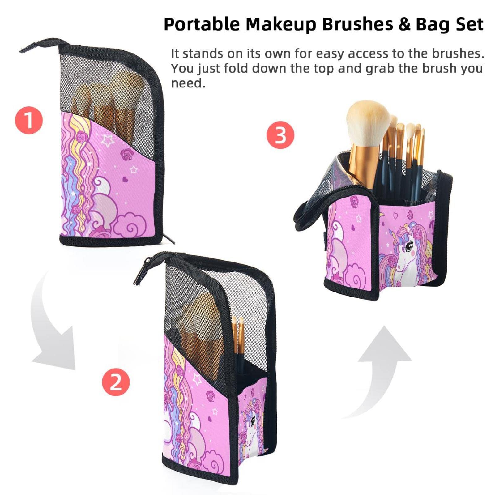 12-Piece Makeup Brush Organizer Bag with Dream Cartoon Unicorn Cloud Design - Portable Pink Cosmetic Brush Holder Case for Travel & Home Storage