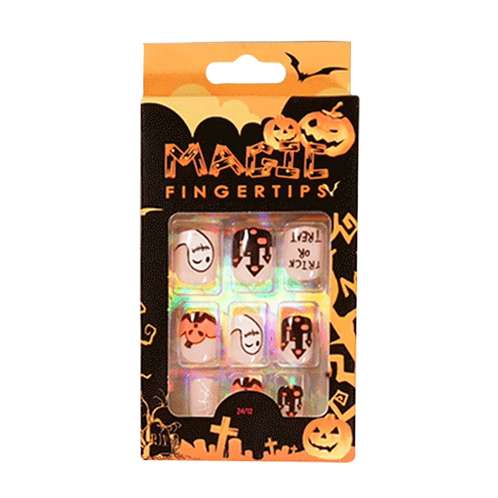 24pcs Gothic False Nails with Glue - Halloween Coffin Fake Nails 1ml Adhesive - Long Lasting Artificial Nails for Women (One Size) - Perfect for Halloween Parties, Cosplay & Gothic Fashion