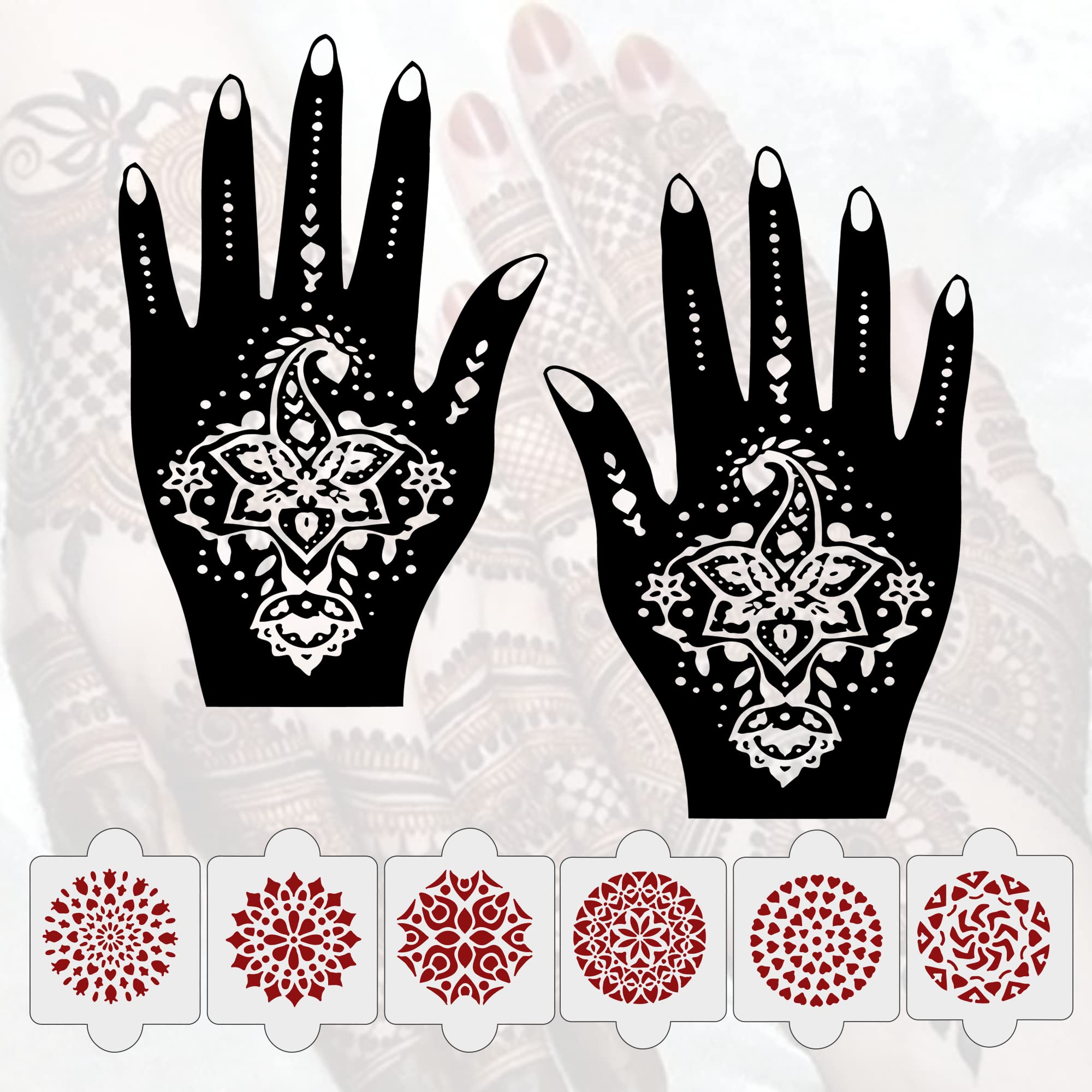 8-Piece Henna Stencil Kit - 2 Henna Tattoo Stencils + 6 Reusable PVC Laser-Cut Stencils for Women, Girls & Kids | Easy Application Mehandi Designs | Perfect for Weddings, Festivals & DIY Body Art (IVH-65)