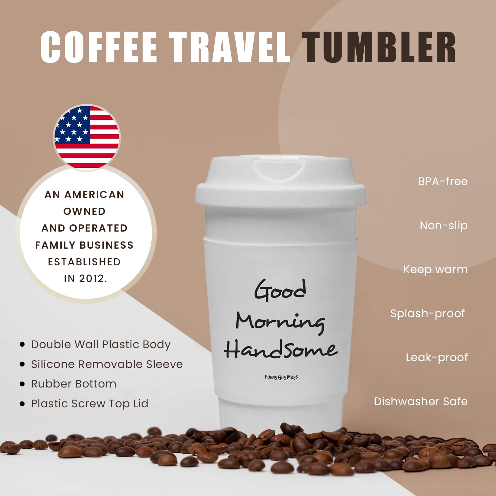 Funny Guy Mugs Good Morning Handsome Travel Tumbler - 16oz Insulated Stainless Steel Cup with Removable Silicone Sleeve, Leakproof Lid - Perfect for Coffee, Tea & Cold Drinks at Work, Gym or Travel (White)