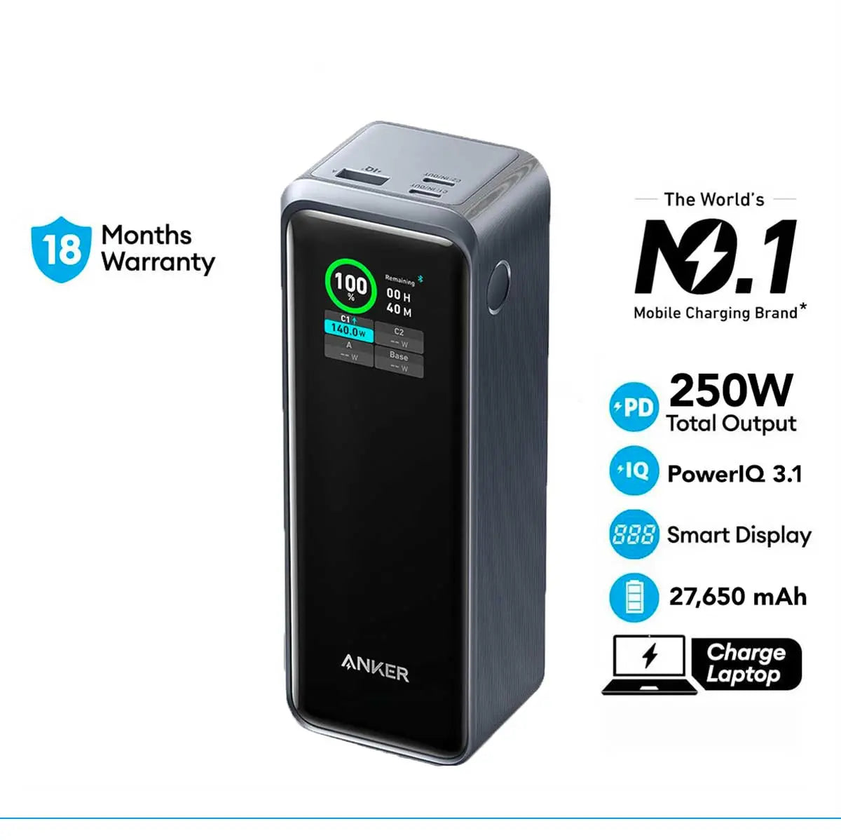 Anker PowerCore 27650mAh Portable Charger with GaNPrime 250W Fast Charging, 3-Port USB-C Power Bank for iPhone 15/14, Samsung Galaxy, iPad, Laptop | Perfect for Travel, Camping & Emergency Backup
