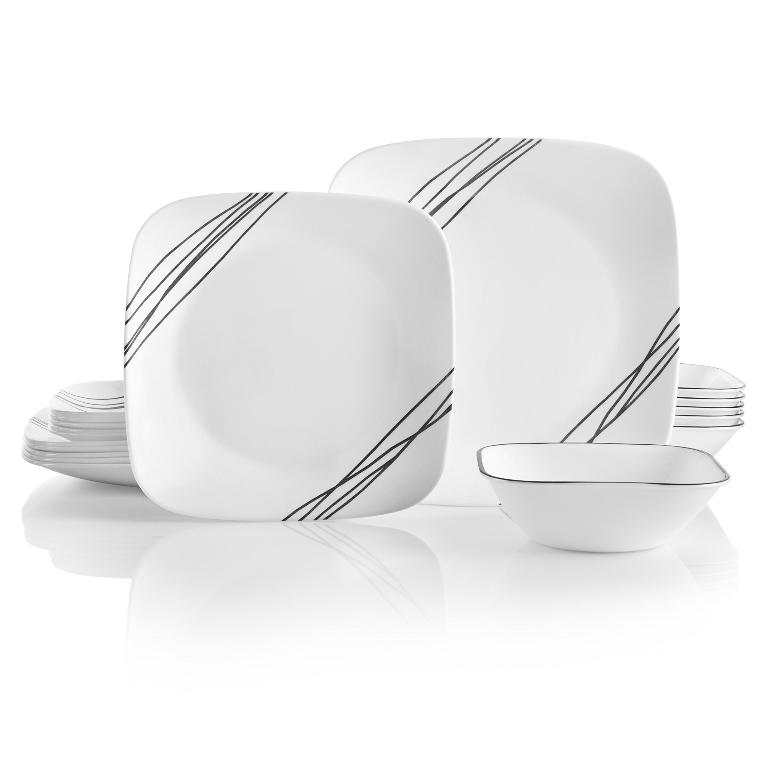 Corelle Vitrelle 18-Piece Dinnerware Set for 6 - Triple Layer Chip Resistant Glass Plates & Bowls - Lightweight Square Dishes - Simple Sketch Design - Perfect for Everyday Dining, Dinner Parties & Family Meals