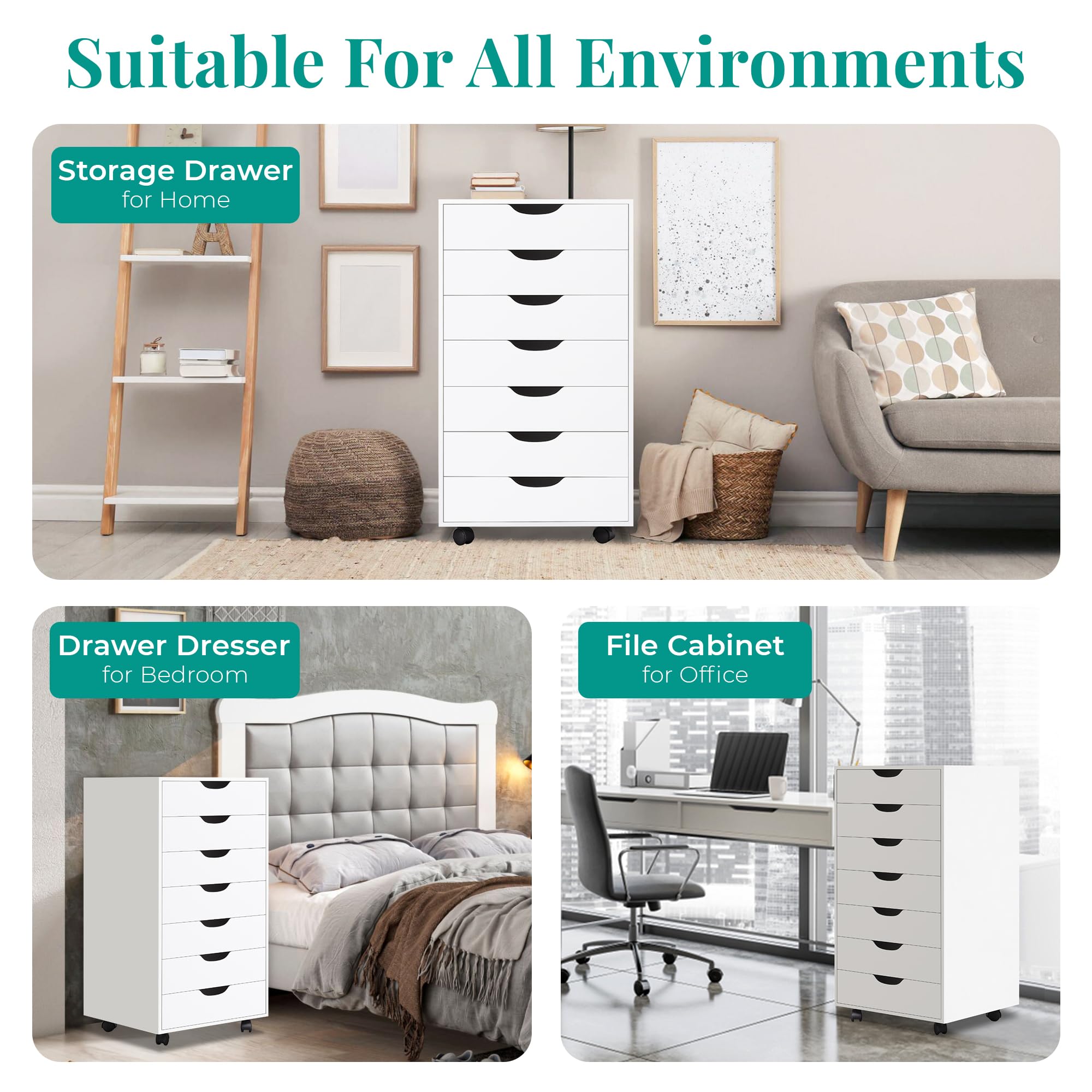 Naomi Home Debbie 7-Drawer Rolling Storage Cabinet - White | Versatile Craft & Office Organizer with Wheels | Perfect for Bedroom, Living Room & Home Office Storage Solutions