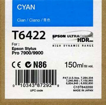Epson T642200 Ultrachrome HDR Ink Cartridge - 150ml Cyan for Epson 7900/7890/9890/9900 Printers - High-Quality Photo & Fine Art Printing Supplies for Professional Studios & Home Offices