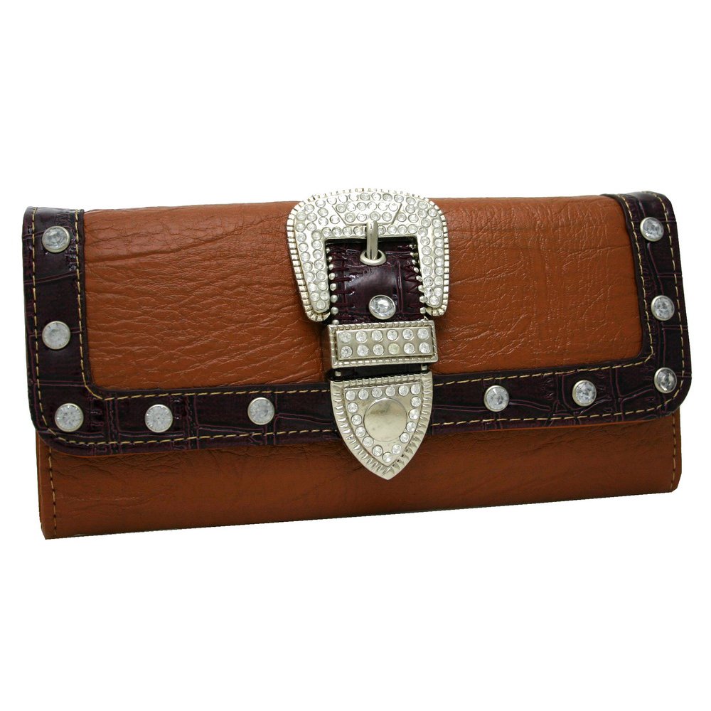 Western Style Rhinestone Bling Buckle Leather Wallet with Checkbook Holder - Brown Cowhide Bifold Wallet for Women & Men | Perfect for Country Music Festivals, Rodeo Events & Western Fashion Outfits
