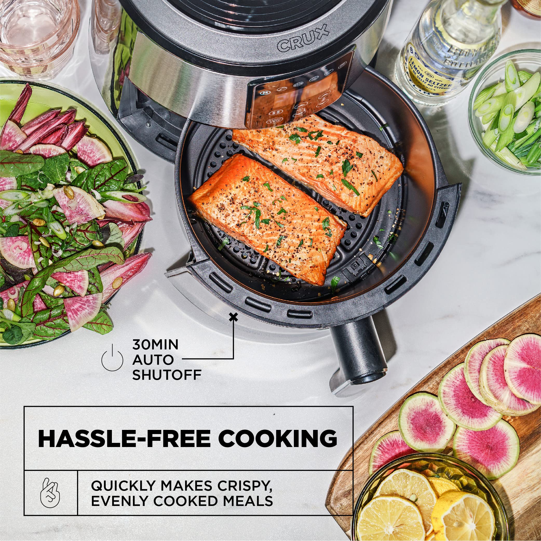 Crux 3QT Digital Air Fryer - Fast Preheating, Oil-Free Healthy Cooking, Evenly Cooked Meals, Dishwasher Safe Non-Stick Basket & Crisper Tray, Stainless Steel Design - Perfect for Quick Family Dinners, Healthy Snacks & Meal Prep