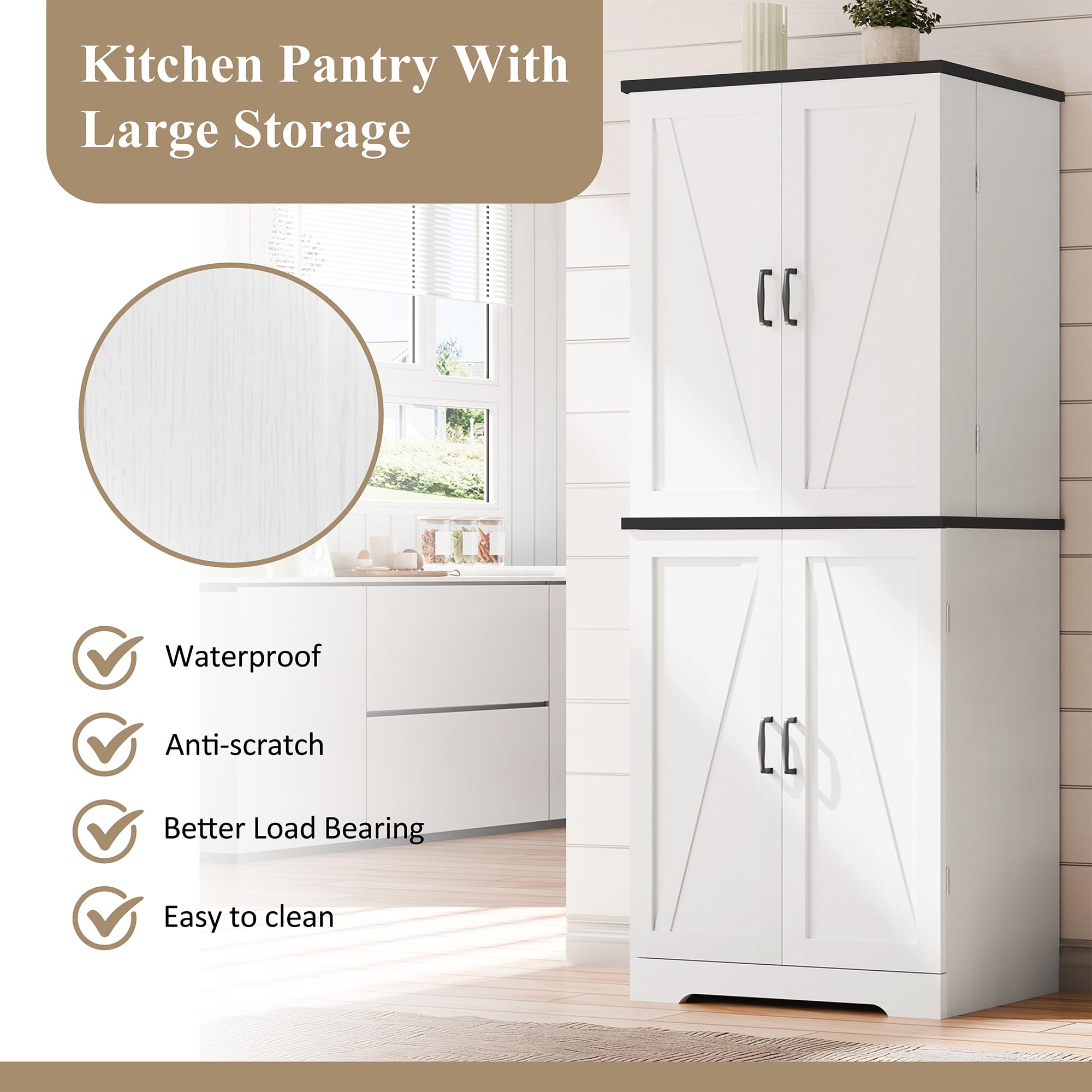 Rustic 6-Tier Wood Pantry Storage Cabinet with Barn Doors, Drawer & Adjustable Shelves - White Kitchen Cupboard for Dining Room, Living Room, Bathroom | Perfect for Organizing Spices, Dishes & Home Essentials