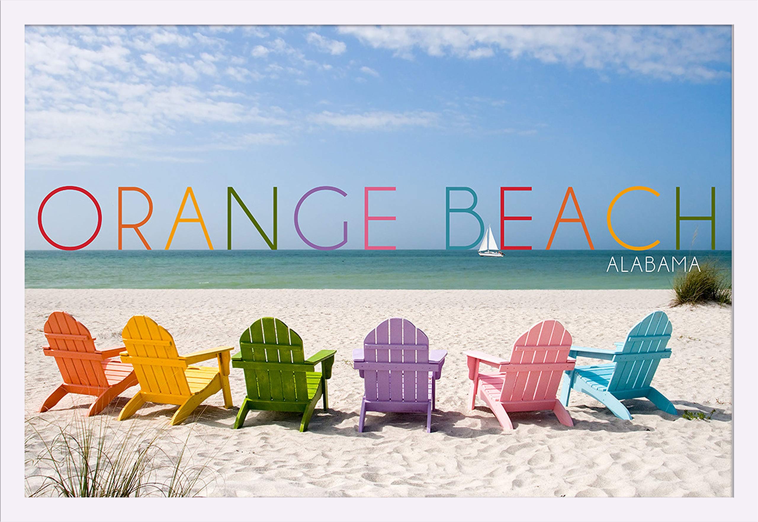 Orange Beach Alabama Colorful Beach Chairs 36x24 Giclee Art Print - Gallery Framed White Wood Wall Decor - Perfect for Coastal Living Rooms, Beach House Decor & Vacation Home Wall Art