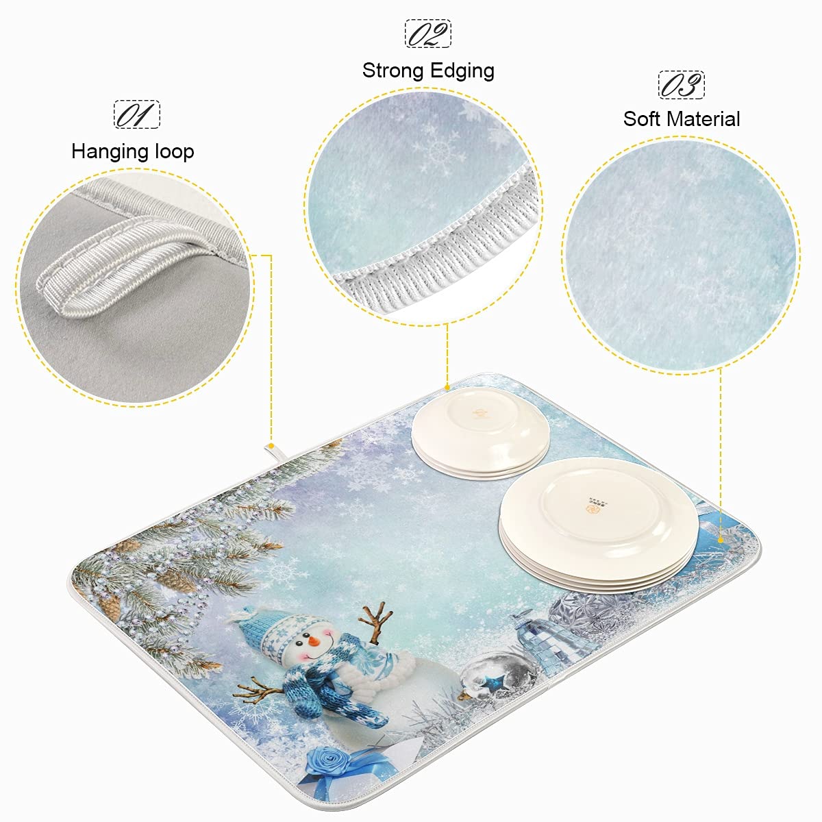Reversible Absorbent Microfiber Snowman Dish Drying Mat - 18x24 Inch Snowflake Kitchen Counter Decor for Holiday & Everyday Use