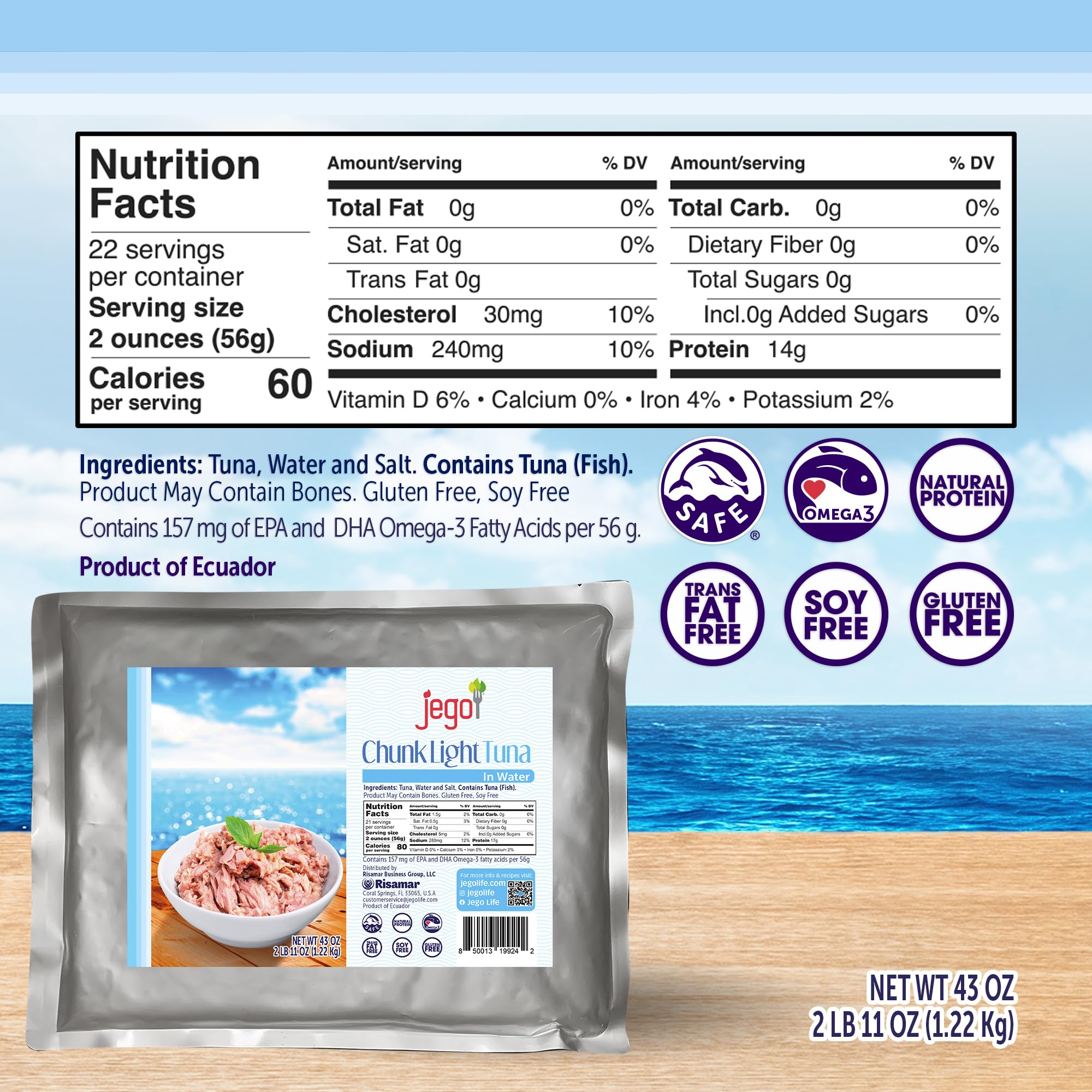 Jego Chunk Light Tuna in Water - Wild Caught, Keto & Low Carb Friendly, Gluten Free, Soy Free, Ready to Eat (43 oz Pouch) - Perfect for Salads, Sandwiches & Healthy Meal Prep
