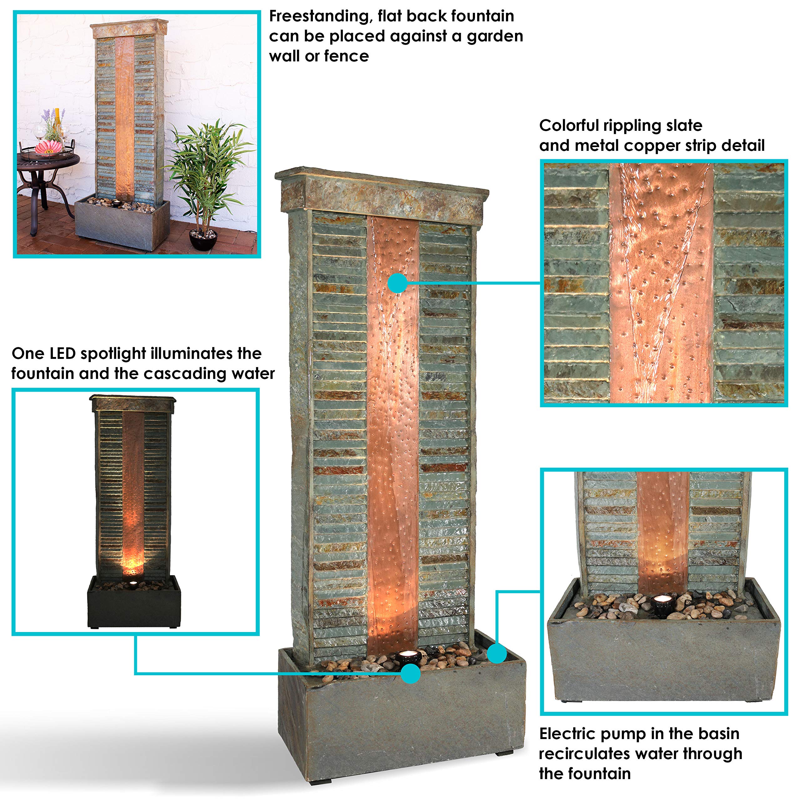 Sunnydaze 48-inch Rippled Slate Outdoor Water Fountain with LED Lights - Copper Accented Garden Water Feature for Patio, Deck, Backyard | Relaxing Ambient Decor for Outdoor Living Spaces