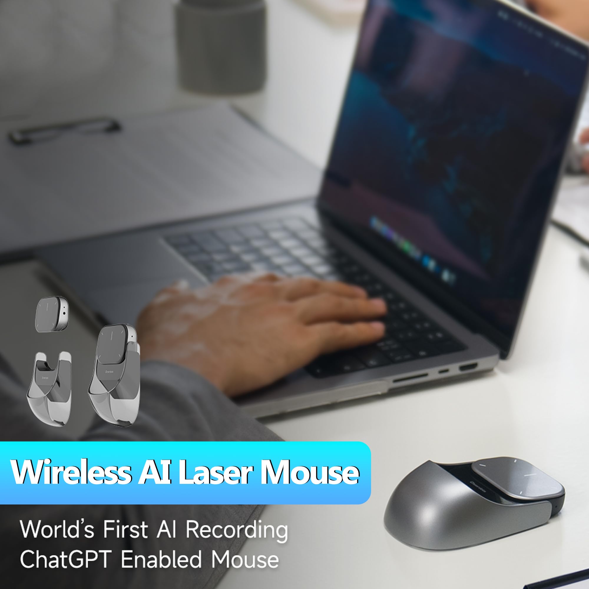 2025 Wireless AI Mouse with Bluetooth & ChatGPT - Voice Recording, AI Summarize, Detachable Presenter Remote with Laser Pointer for PC, Mac, Laptop (Silver) | Perfect for Presentations, Online Meetings & Productivity Tasks