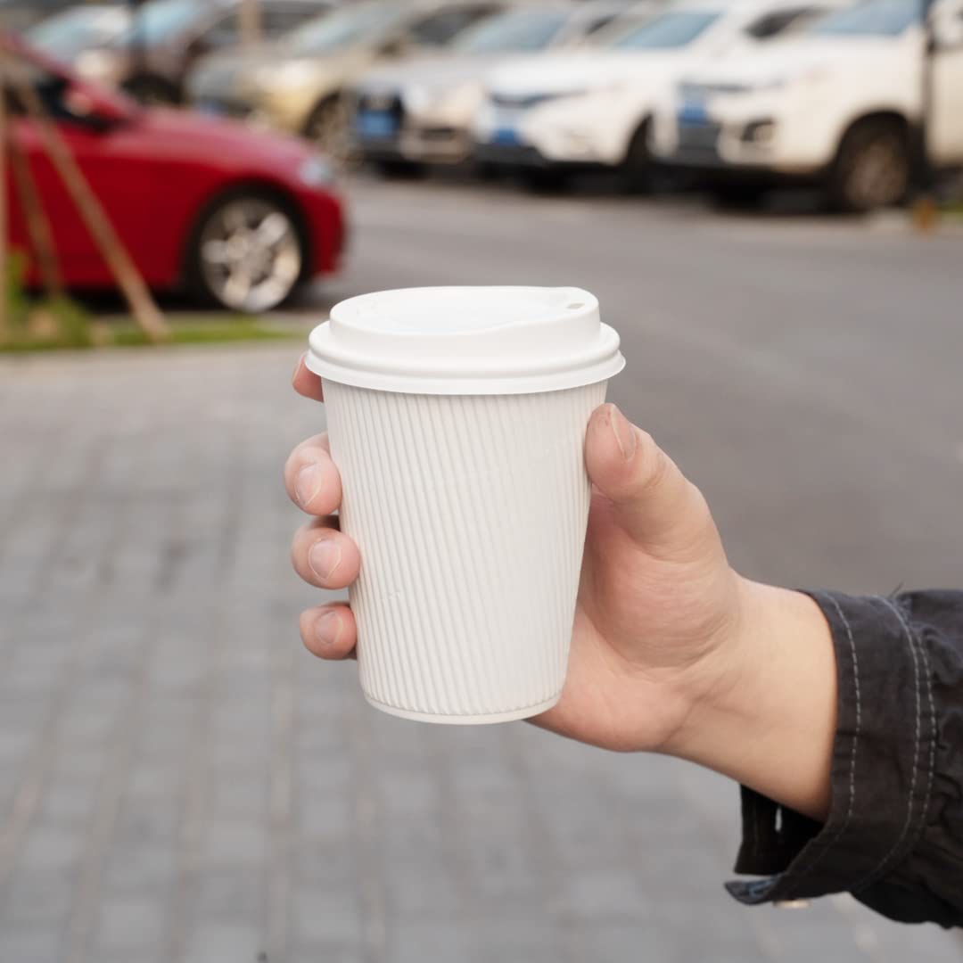 Restaurantware 12oz Insulated Coffee Cups with Lids - 200 Count White Disposable Paper Hot Cups, Leakproof & Non-Slip Design for Coffee, Tea, Hot Chocolate & Lattes - Perfect for Cafes, Offices & Catering Events