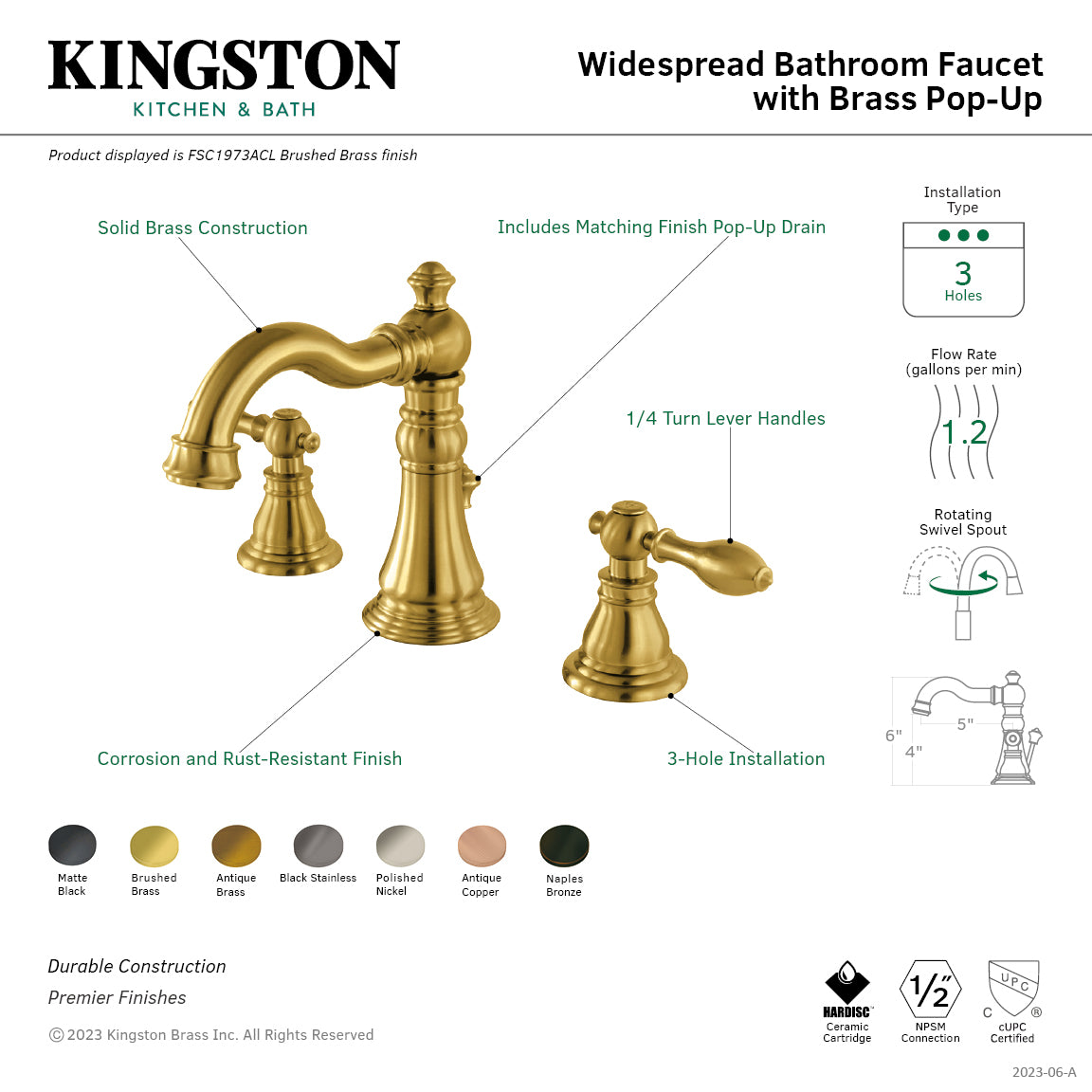 American Classic FSC1970ACL 3-Hole Widespread Bathroom Faucet with Brass Pop-Up Drain - Matte Black Finish for Vanity Sinks - Perfect for Modern Bathroom Renovations