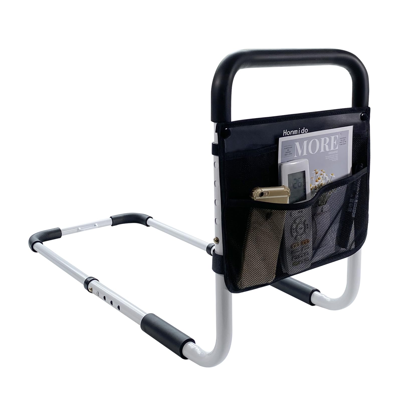 Adjustable Bed Safety Rails for Elderly - Anti-Fall Bed Assist Grab Bar with Storage Pocket - Fits King, Queen, Full & Twin Beds (White) - Ideal for Senior Home Care & Fall Prevention