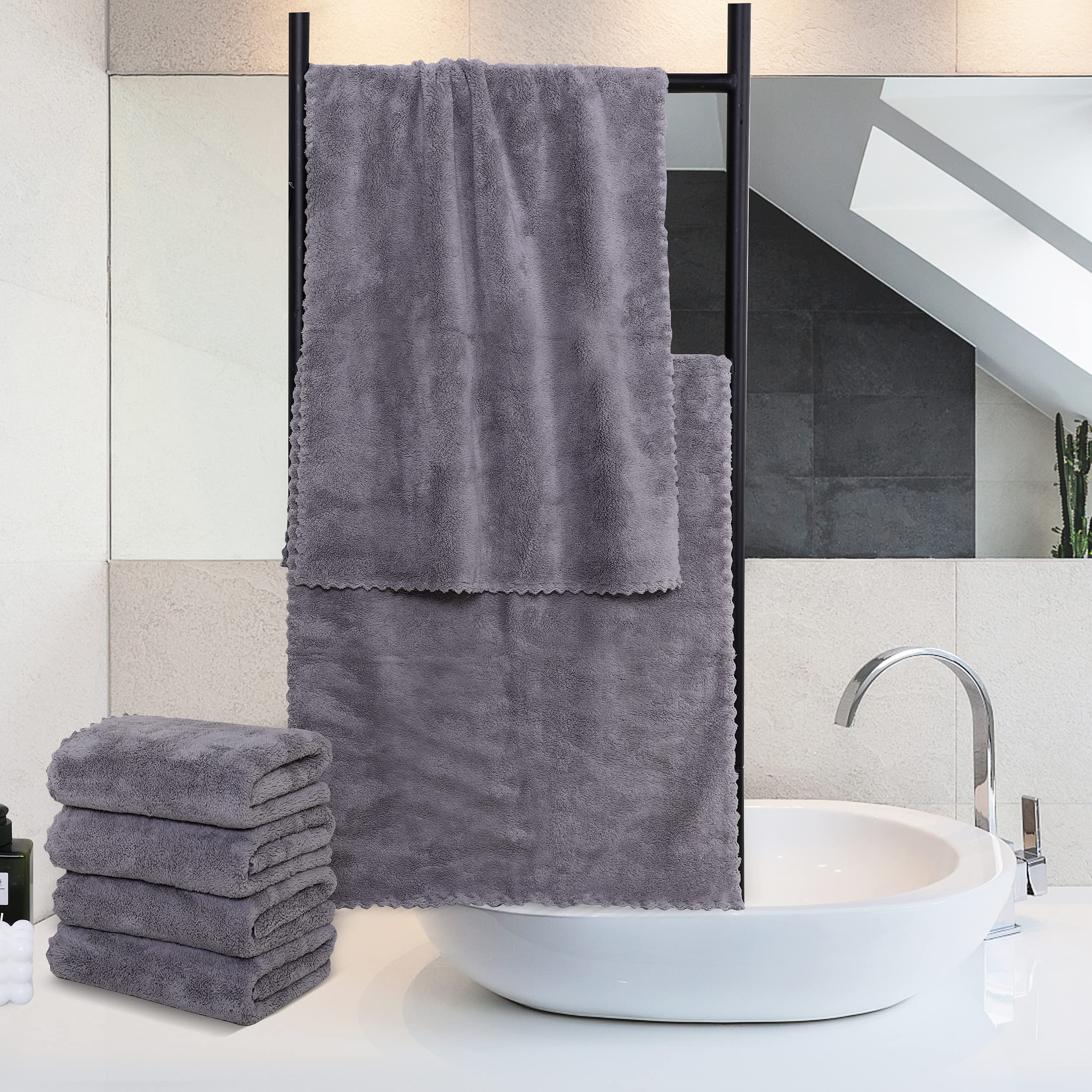 MOONQUEEN 6 Pack Premium Microfiber Hand Towels - Super Absorbent Quick Dry Bath Towels for Hotel, Bathroom, Shower & Spa - Soft Coral Velvet 16x28 Inches (Light Grey) - Perfect for Gym, Travel & Guest Bathrooms
