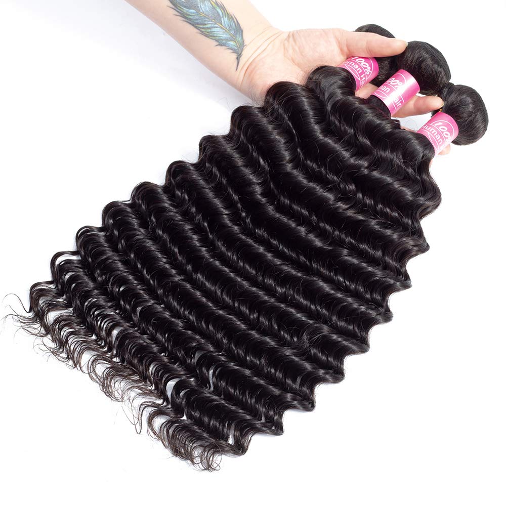 10A Brazilian Deep Wave Human Hair Bundles with 4x4 Lace Closure (16 18 20+14 Inches) - 100% Unprocessed Virgin Hair for Natural Look | Perfect for Weaves, Extensions & Protective Styling