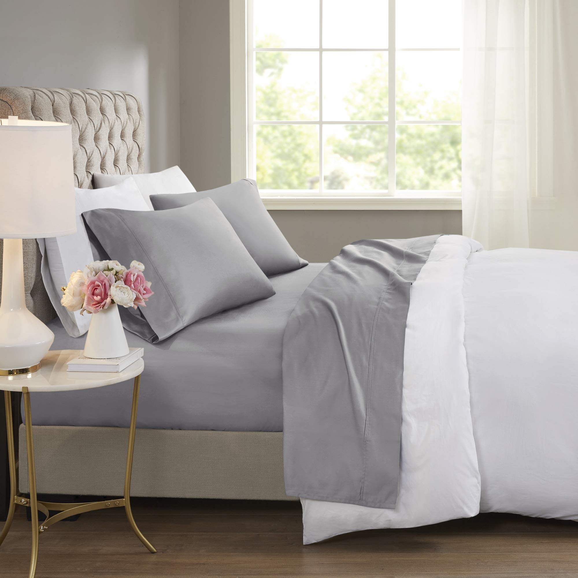 Beautyrest BR 600 Thread Count Cooling Cotton Blend Sheet Set - 16 Inch Deep Pocket, All Season Soft Bedding - Queen Size Grey 4 Piece (BR20-0995) | Perfect for Hot Sleepers & Luxury Bedroom Decor