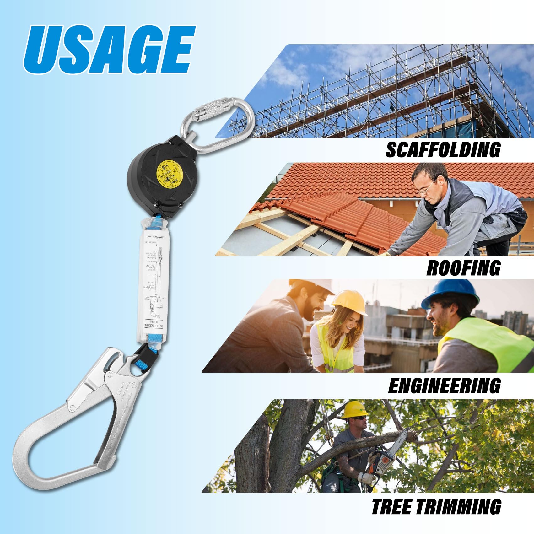 6FT Retractable Safety Lanyard with Rebar Hook - Self Retracting Fall Protection Lifeline for Construction, Roofing & Work at Height | OSHA Compliant Safety Harness Accessory for Roofers, Electricians & Window Cleaners