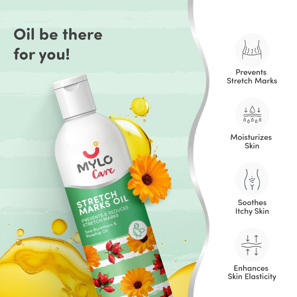 **Mylo Care Stretch Marks Oil with Sea Buckthorn, Rosehip, Argan & Coconut Oil – Vitamin E Oil for Scars & Stretch Mark Removal – Natural Skin Care Solution for Pregnant Women & Postpartum – 100ml – Perfect for Pregnancy, Postpartum & Daily Skin Hydration**